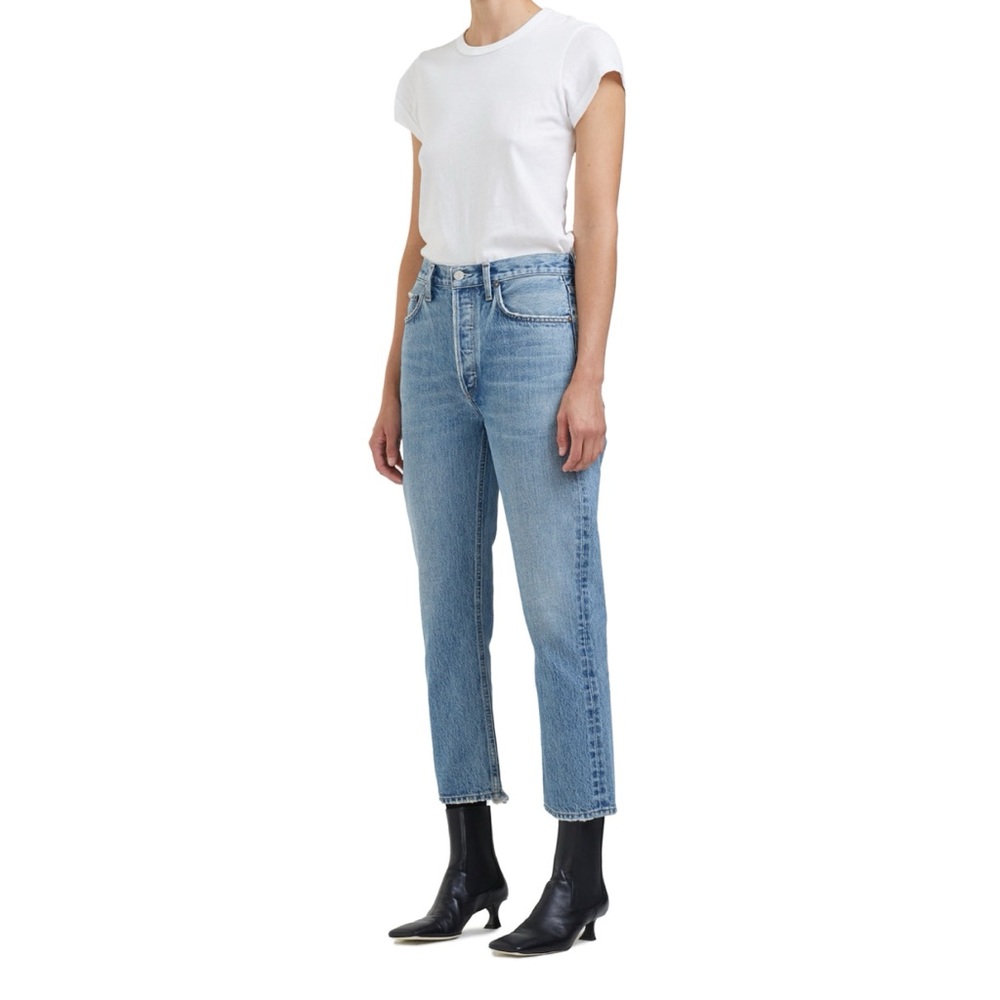 Agolde Riley Crop High Rise Jeans in Endless Raw Hem Distressed Straight Fall